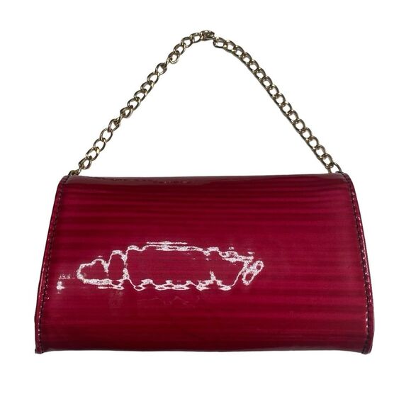 Small Red Patent Leather Clutch Handbag Bag Gold Chain Strap Polka Dot Lining - Picture 2 of 12